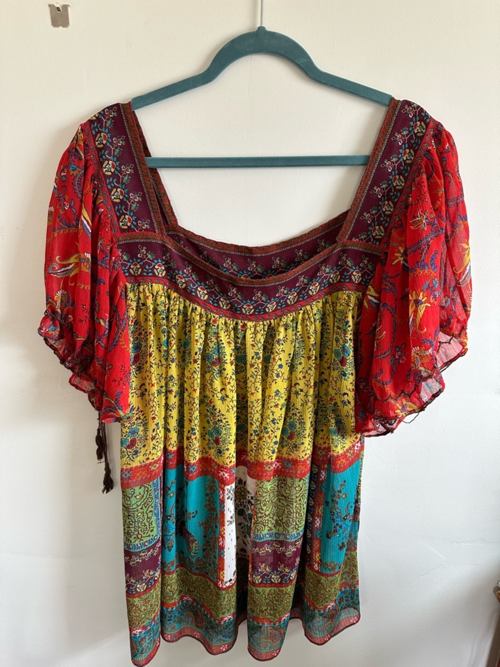 Avenue Multicolor Patchwork Boho Tunic — Red, Yellow, Teal